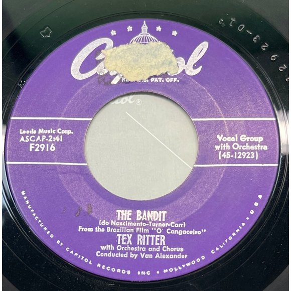 Tex Ritter The Bandit / Prairie Home 45 Country Capitol F- 2916 VG/VG+ - Picture 2 of 4